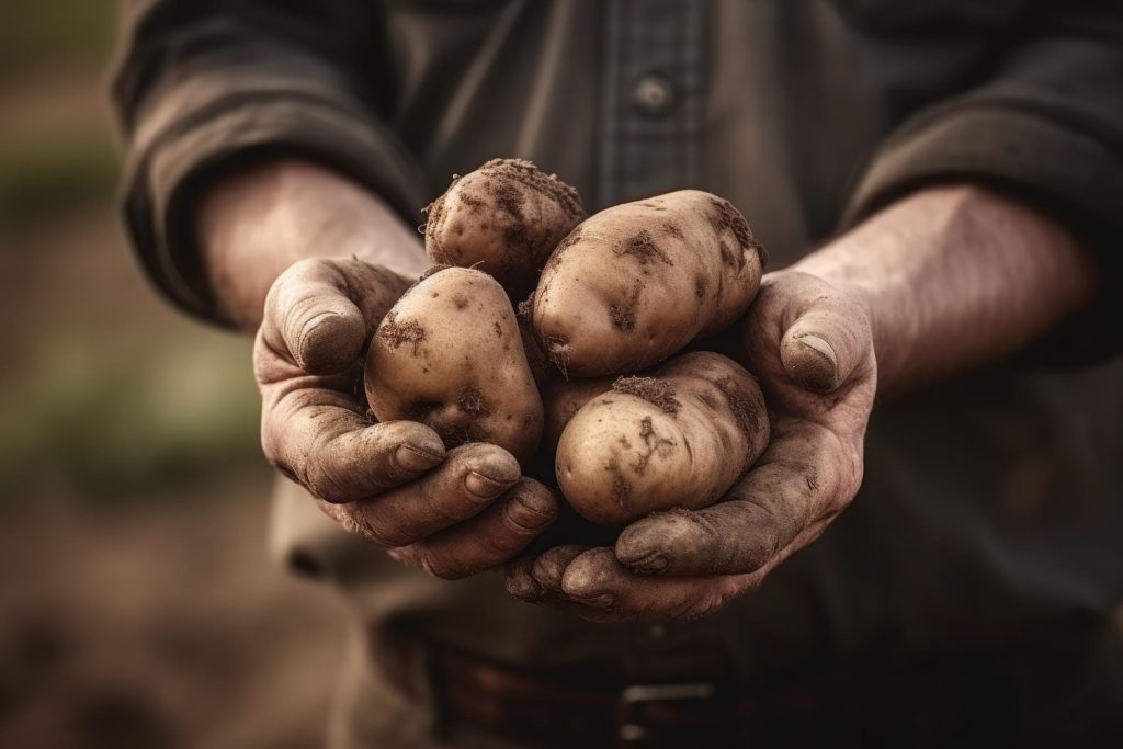 close up farmer holding his hand some potatoes freshly picked from ground ai generative