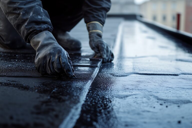 hyper realistic shot of a worker's hands sealing a rooftop with black coating