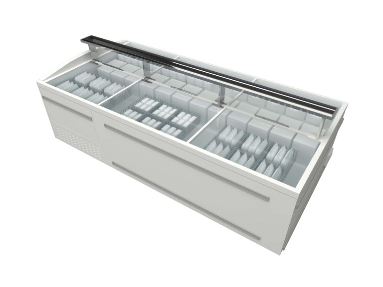 supermarket island freezer with stored frozen food items glass top 3d illustration